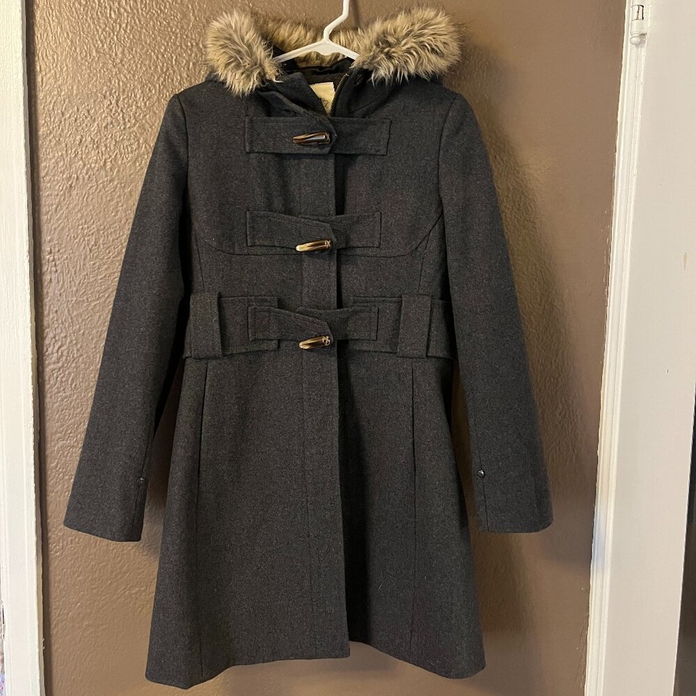 Anthropologie Deep Woods Fur Trim Toggle Coat